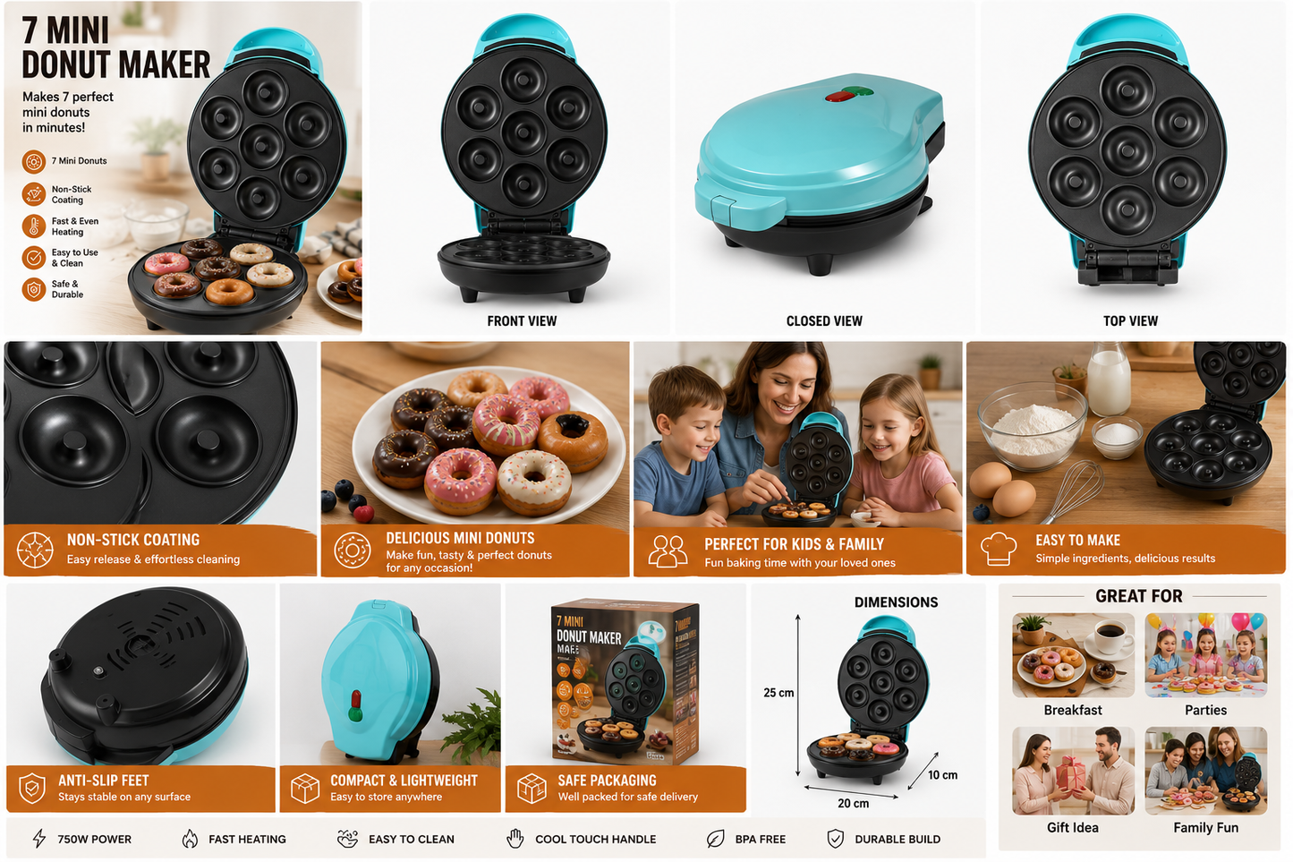 7-Hole Mini Donut Maker Machine – Non-Stick Electric Donut Baker