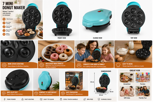 7-Hole Mini Donut Maker Machine – Non-Stick Electric Donut Baker