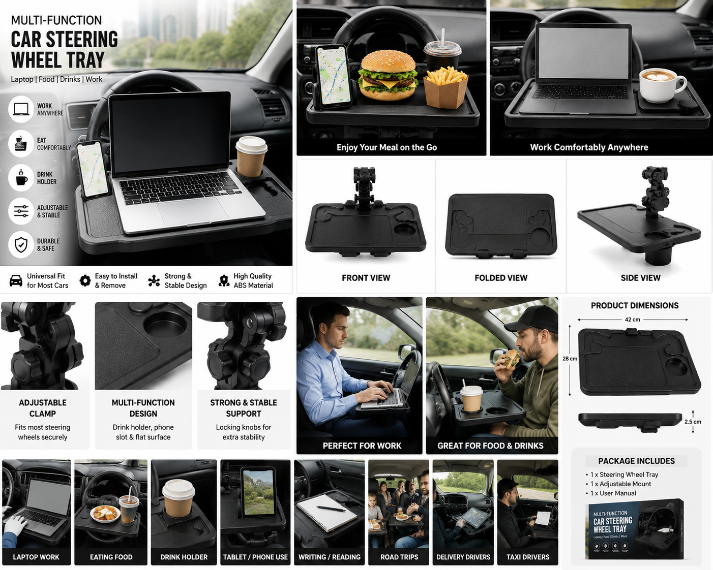 Multi-Function Car Steering Wheel Tray – Laptop & Food Table with Cup Holder