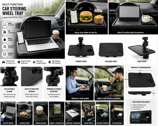 Multi-Function Car Steering Wheel Tray – Laptop & Food Table with Cup Holder