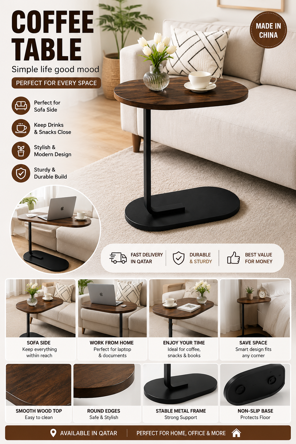 Modern C-Shaped Sofa Side Table – Wooden Coffee & Laptop Table