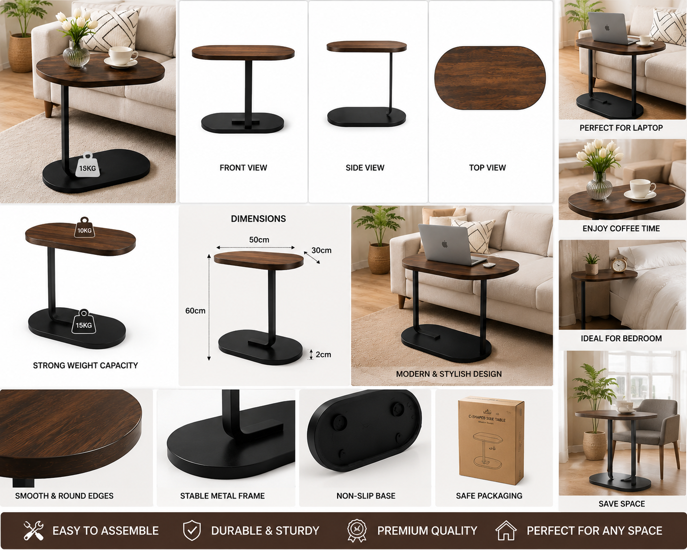 Modern C-Shaped Sofa Side Table – Wooden Coffee & Laptop Table